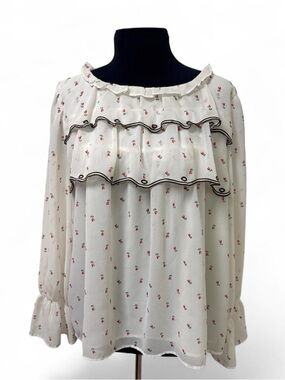LOFT Long Sleeve Blouse in White with Pink Flowers